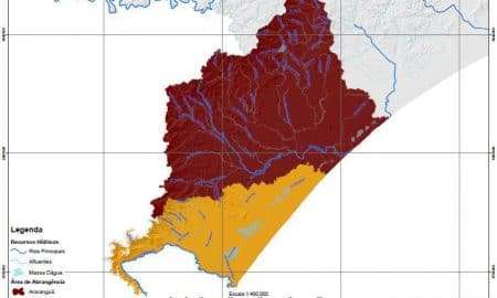 MAPA Bacia do Rio Araranguá em Vermelho e Afluentes do Rio Mampituba em Amarelo