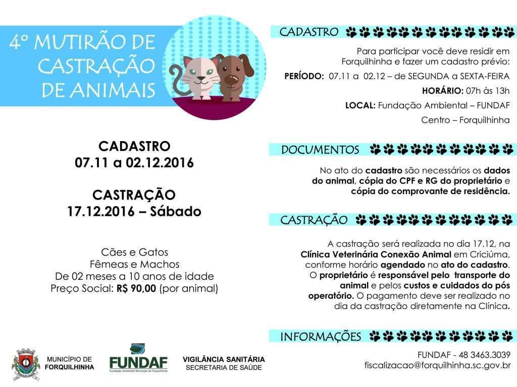 Prazo para inscrições no 4º Mutirão de Castração de Animais de Forquilhinha começa nesta segunda-feira 7 FOLDER CASTRAÇÃO