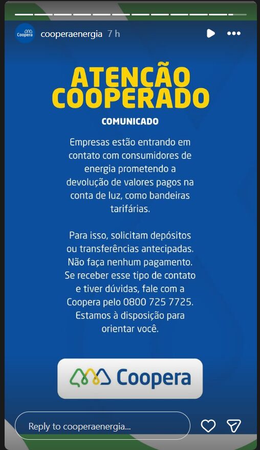 Golpe em nome da Coopera promete devolução de valores na conta de luz 6 Golpe